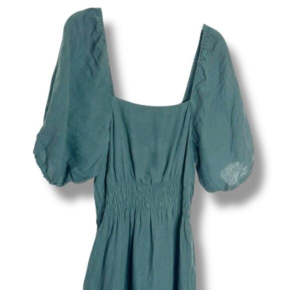 Ann Mashburn Dark Green Square Neck Puff Sleeve Linen Maxi Dress Women’s Size M - Picture 4 of 14